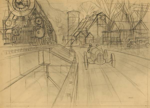 Appraisal: Peter Helck - 'Road vs Rail' signed artist's technical perspective