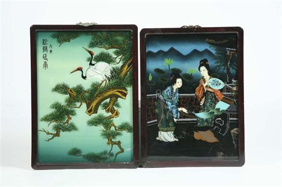 Appraisal: TWO ORIENTAL REVERSE PAINTED PANELS One with Geishas And one