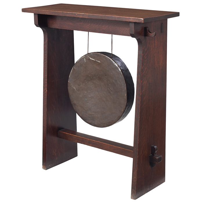 Appraisal: Gustav Stickley dinner gong original copper gong overhangingtop supported by