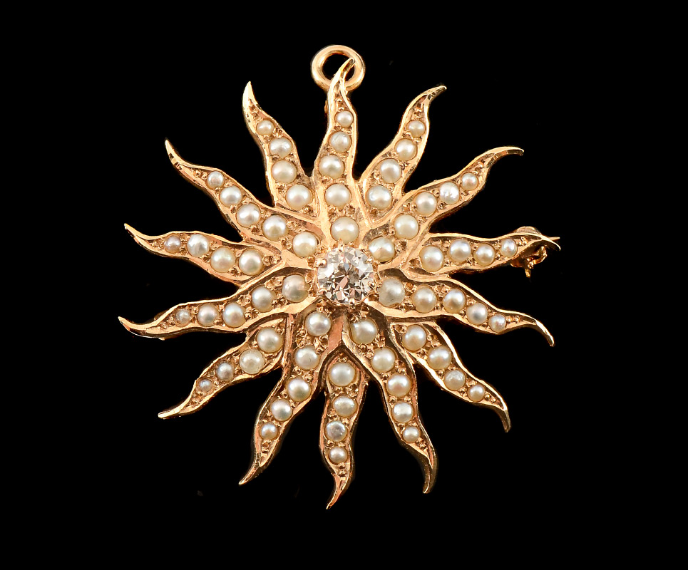 Appraisal: K DIAMOND PEARL STARBURST PIN PENDANT K yellow gold starburst