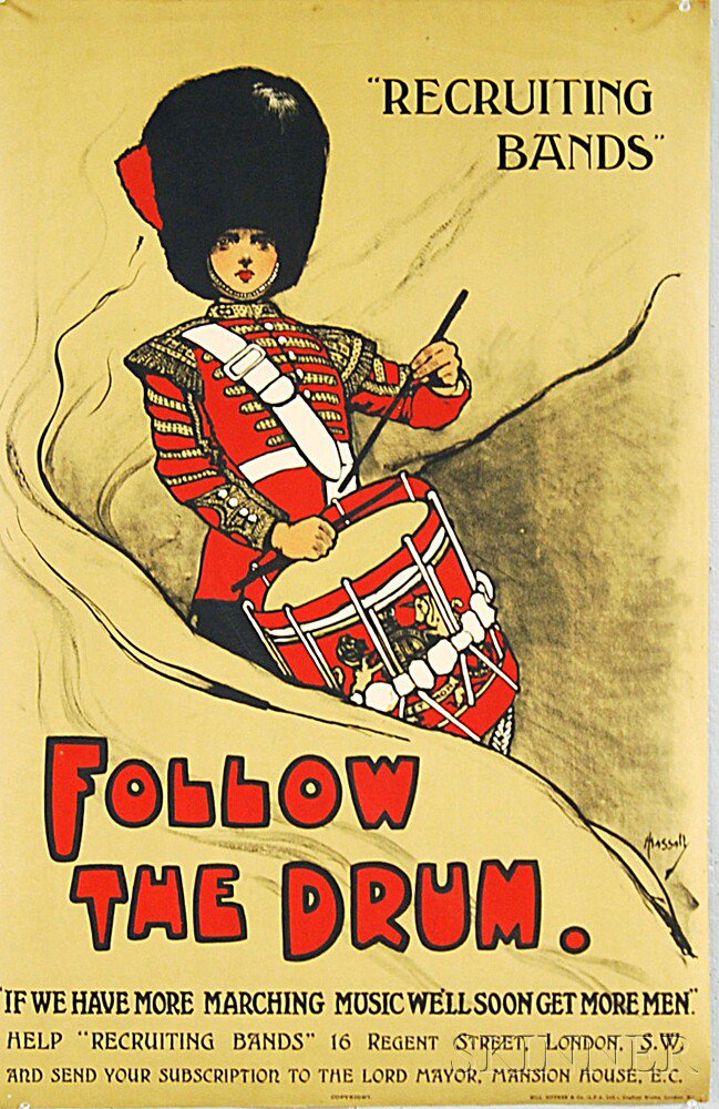 Appraisal: British Recruiting Bands - Follow the Drum WWI Lithograph Poster