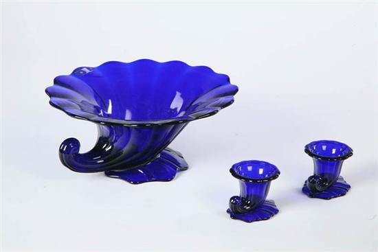 Appraisal: HEISEY COBALT BLUE CONSOLE SET A Warwick Horn of Plenty