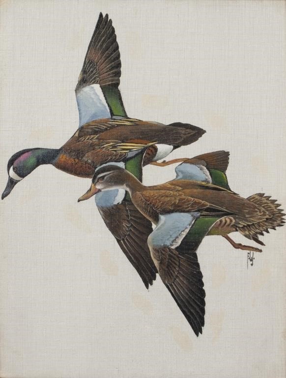 Appraisal: Teal Pair in Flight signed FLJ lower right oil on