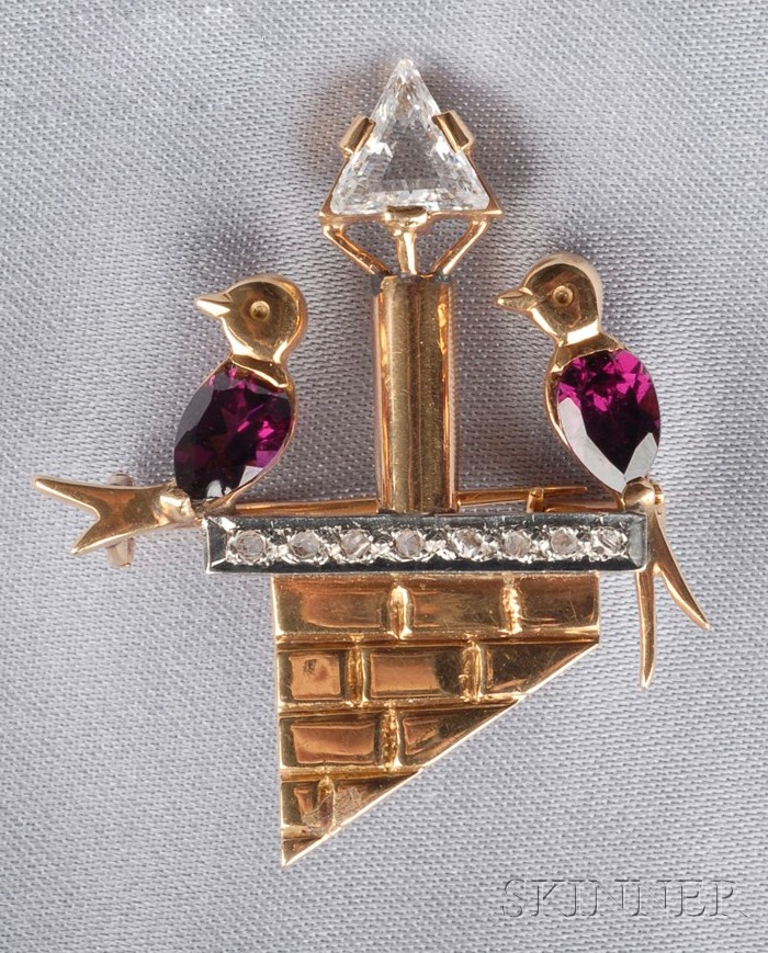 Appraisal: Gem-set Chimney Brooch two birds with pear-shape amethyst bellies perched