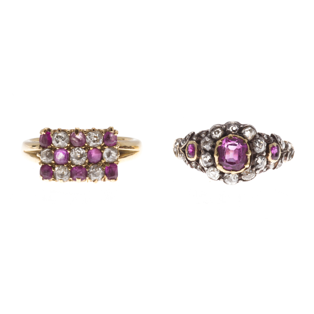 Appraisal: Two ruby and diamond cluster rings the first with a