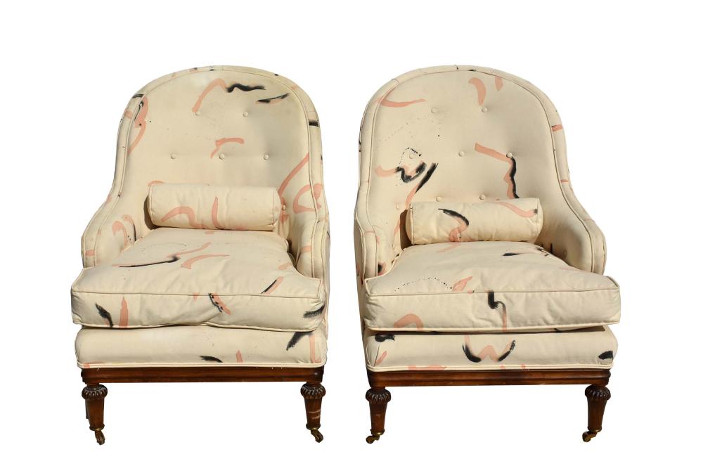 Appraisal: PAIR OF ENGLISH UPHOLSTERED MAHOGANY TUB CHAIRSThe curved backs and