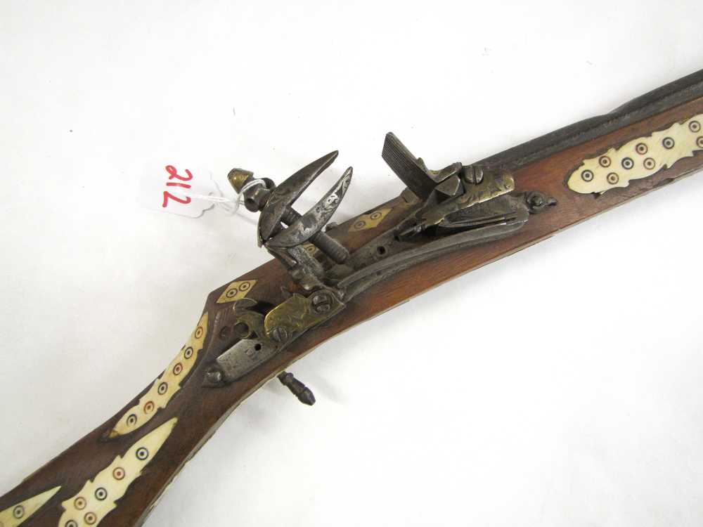 Appraisal: FLINTLOCK JAZAIL MUSKET caliber octagonal barrel with metal inlays walnut