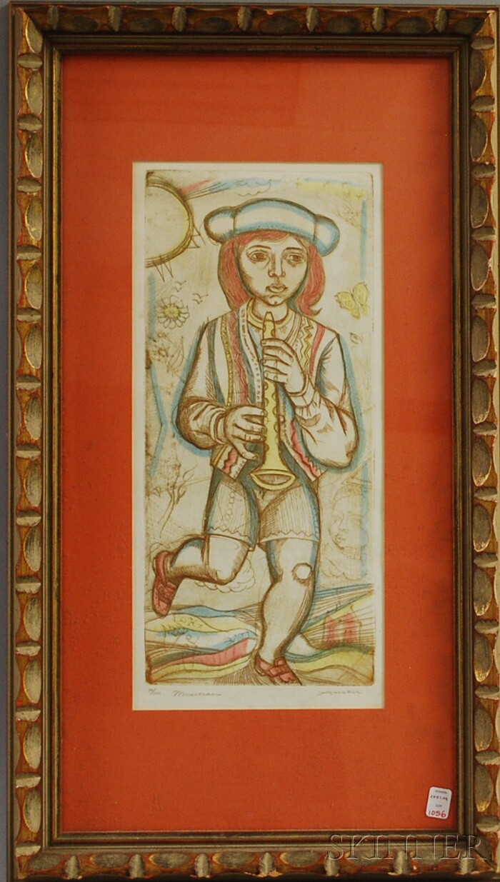 Appraisal: Irving Amen Hand-colored Etching Musician number framed sight size x