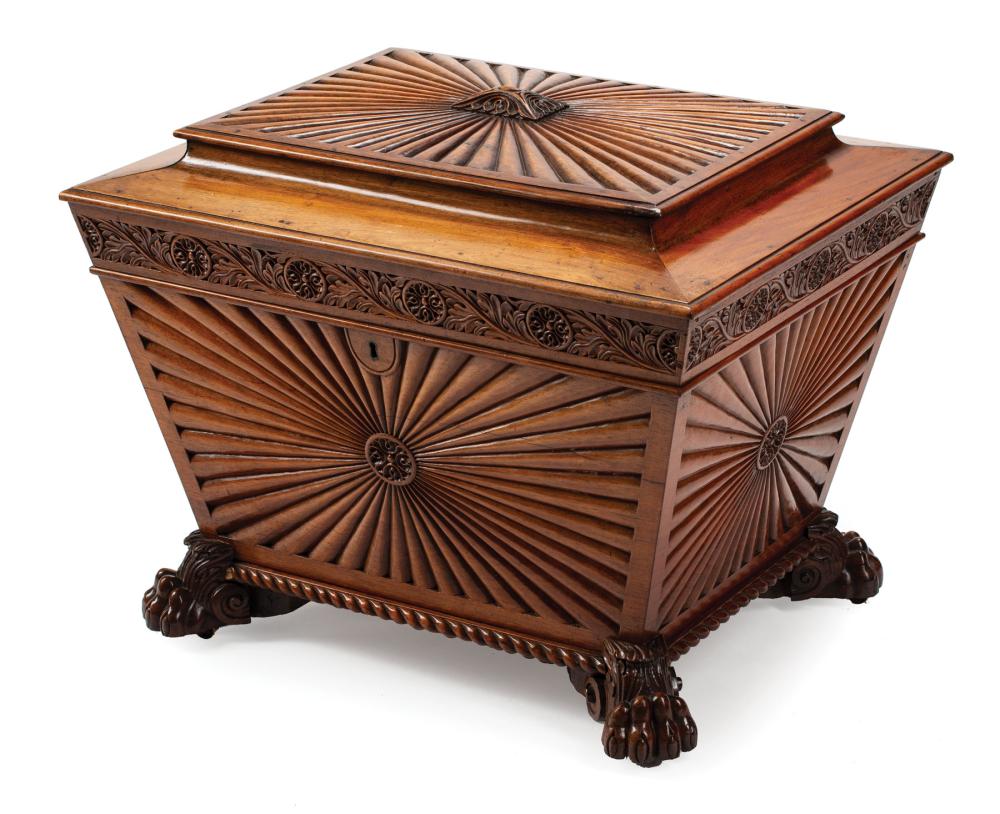 Appraisal: William IV Carved Walnut Sarcophagus-Form Cellarette early-to-mid th c sunburst