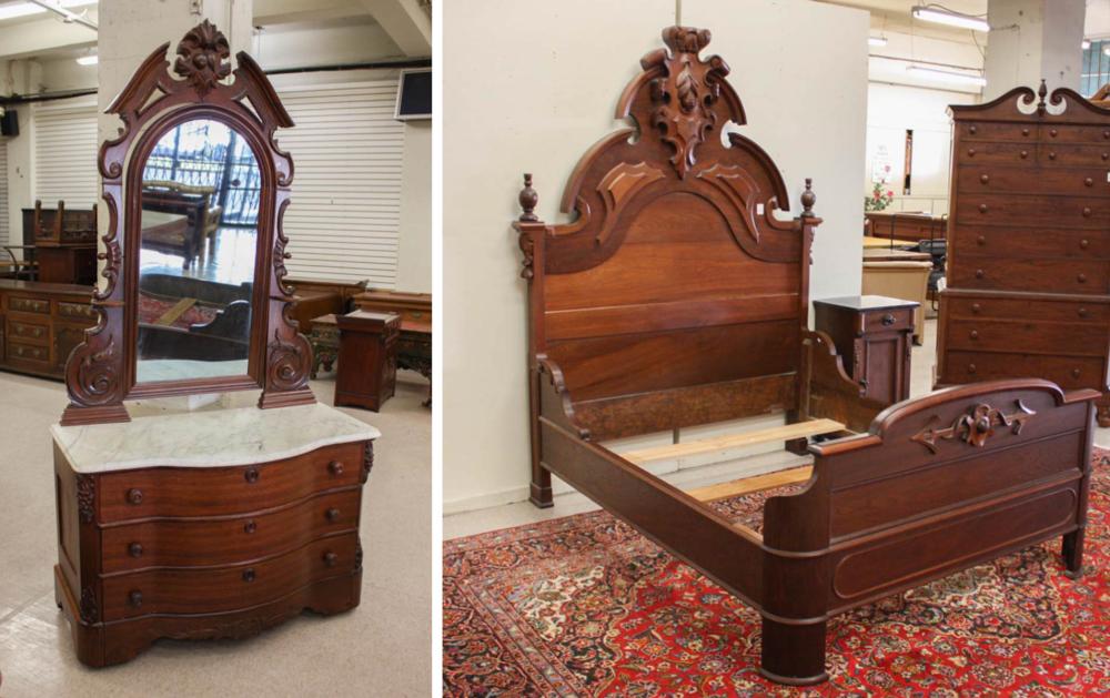 Appraisal: TWO-PIECE VICTORIAN WALNUT BEDROOM FURNITURE GROUP Renaissance Revival style American