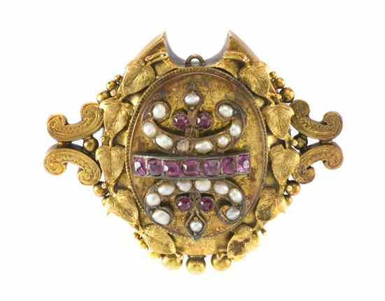 Appraisal: A Victorian Yellow Gold Ruby and Pearl Brooch consisting of