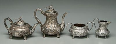 Appraisal: English silver tea service thistle and floral repouss eacute decoration