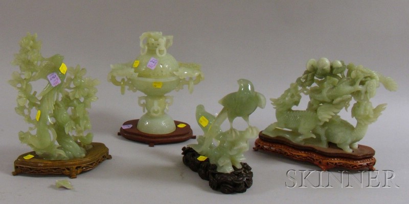 Appraisal: Asian Carved Jade Censer and Three Figurals a phoenix and