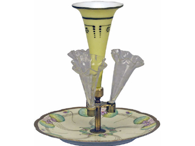 Appraisal: Victorian four horn hand painted and cut glass epergne in