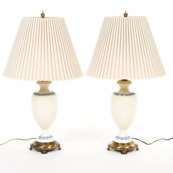 Appraisal: Pair of Wedgwood Porcelain Lamps with Silk Shades lamp with