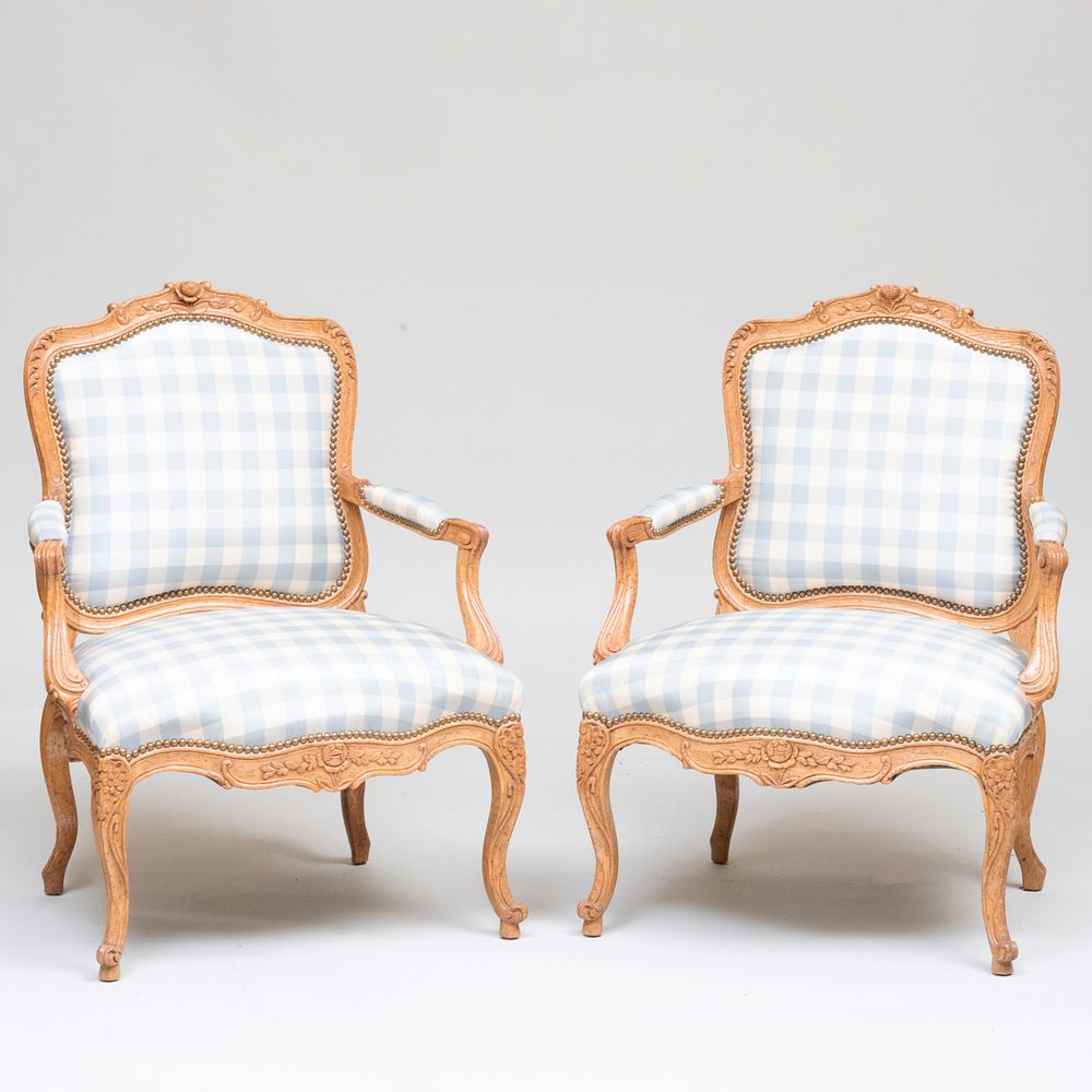 Appraisal: Pair of Louis XV Style Oak Fauteuils la Reine Upholstered