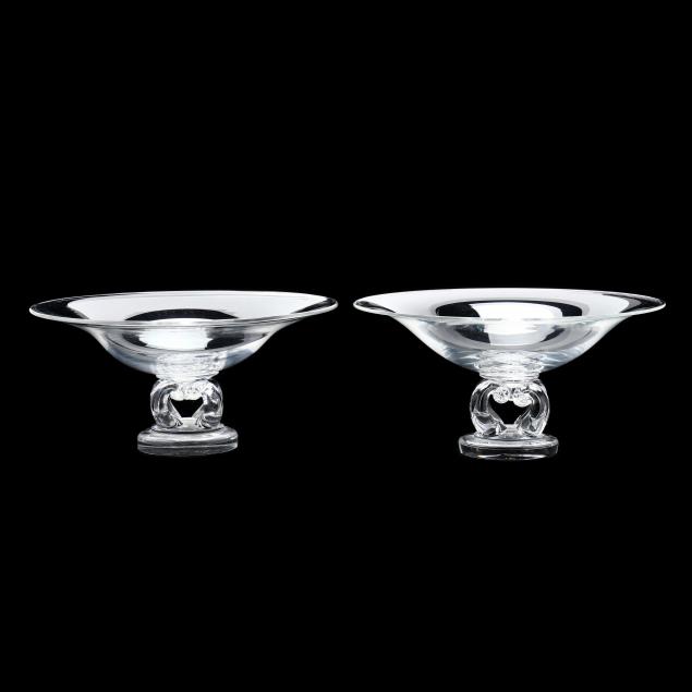 Appraisal: STEUBEN PAIR OF PEDESTAL BOWLS Designed by George Thompson clear