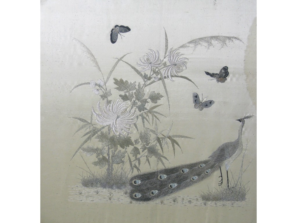 Appraisal: Two Oriental embroidered silkwork Panels depicting birds butterflies and flowering