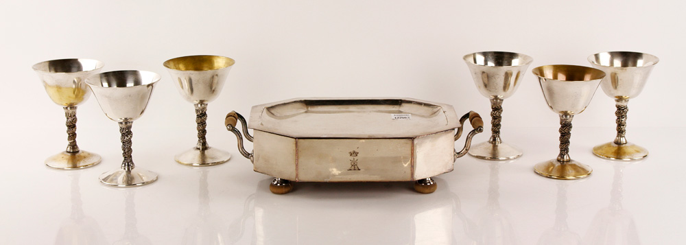 Appraisal: - Sheffield Chafing Dish and Spanish Goblets Sheffield chafing dish