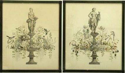 Appraisal: Pair of Prints of Fountains with Figures Each x in