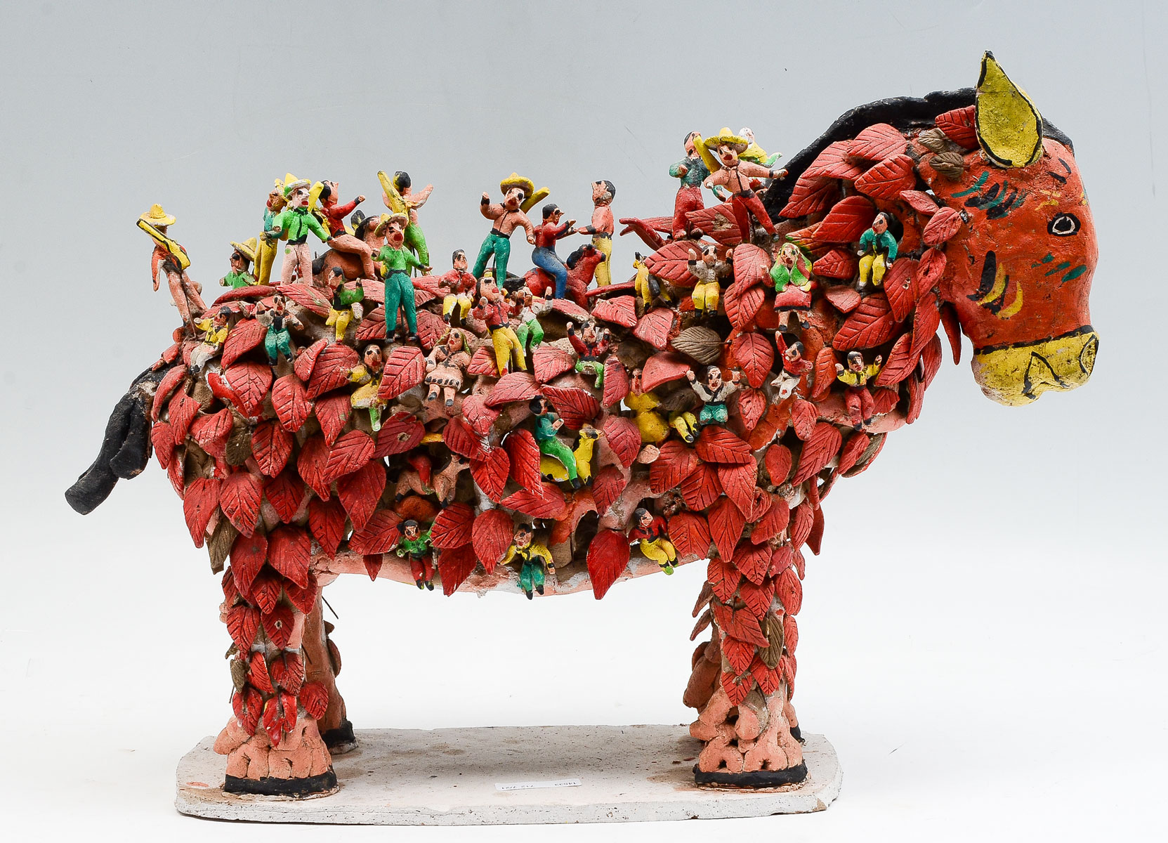 Appraisal: FOLK ART TERRACOTTA AND WIRE PAINTED BURRO WITH ATTACHED FIGURES