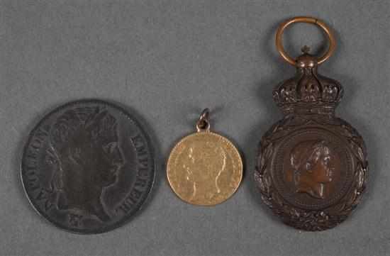 Appraisal: Two French Napoleonic coins and a copper pendant medallion comprising