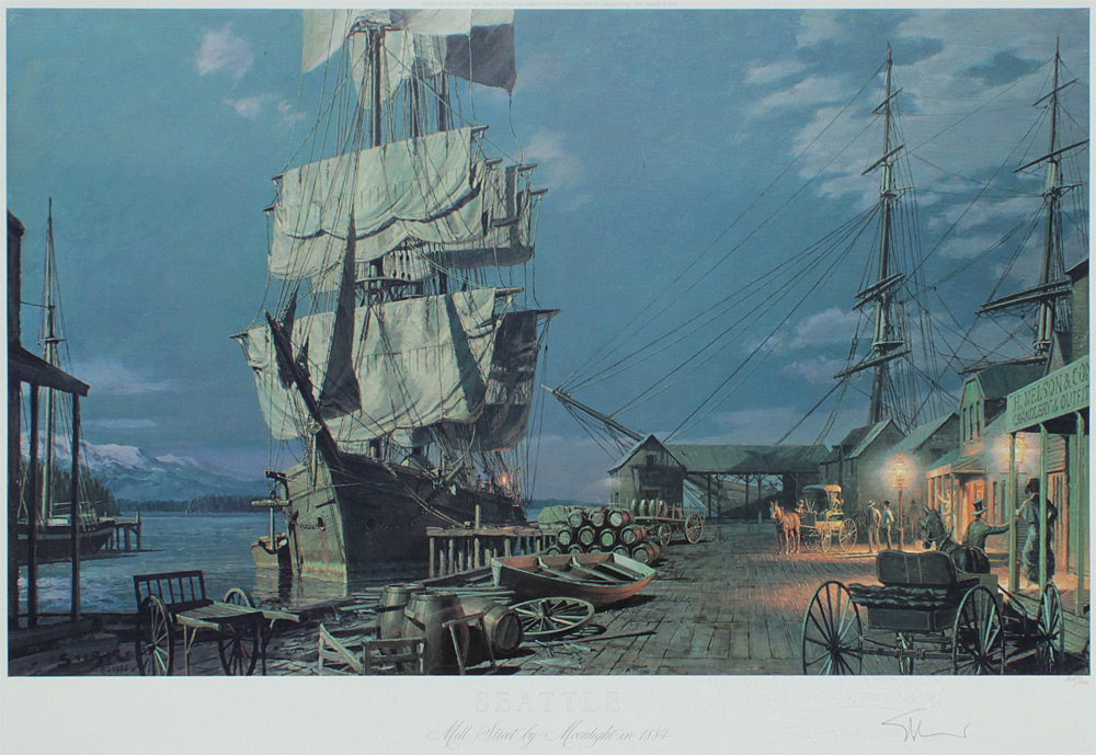 Appraisal: STOBART John American - ''Seattle Mill Street by Moonlight'' Lithograph