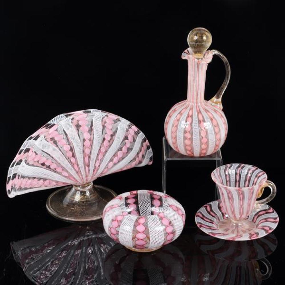 Appraisal: MURANO ITALIAN ART GLASS PC GROUP WITH PINK WHITE COPPER