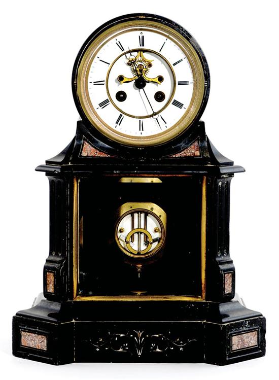 Appraisal: Inlaid slate and glass mantel clock France circa marble and