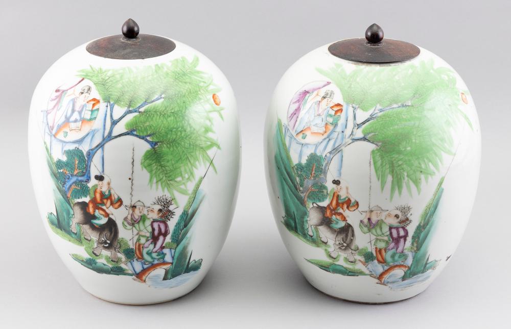 Appraisal: PAIR OF CHINESE FAMILLE ROSE PORCELAIN COVERED JARS LATE TH