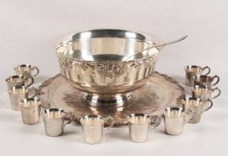 Appraisal: LARGE SILVER PLATED PUNCH BOWL WITH TRAY HAVING CUPS AND