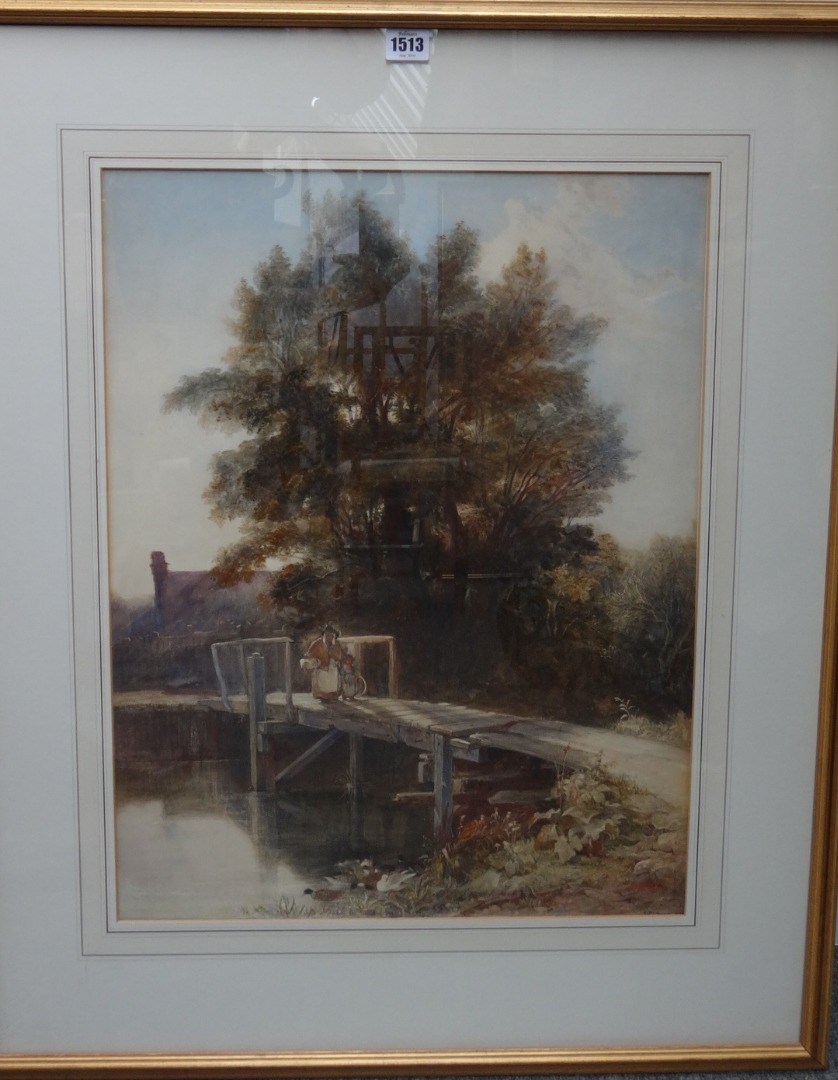 Appraisal: Edward Duncan - Mother and child crossing a bridge watercolour