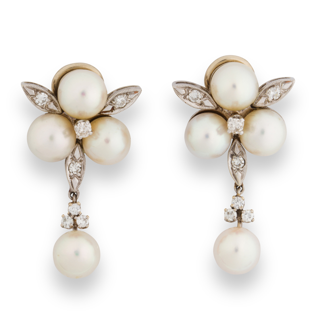 Appraisal: A PAIR OF PEARL DIAMOND AND FOURTEEN KARAT WHITE GOLD