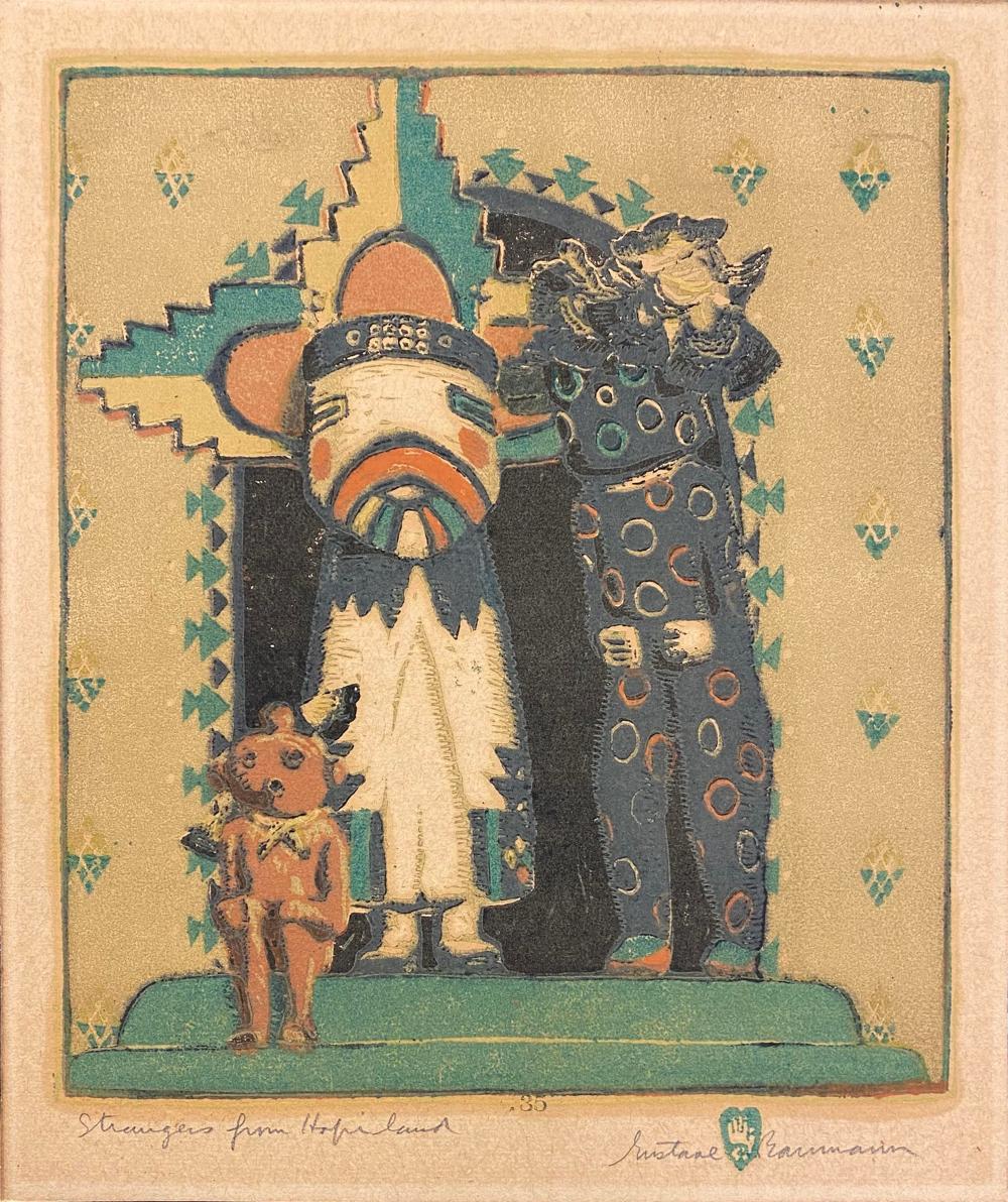 Appraisal: GUSTAVE BAUMANN American - Strangers from Hopi Land woodcut in