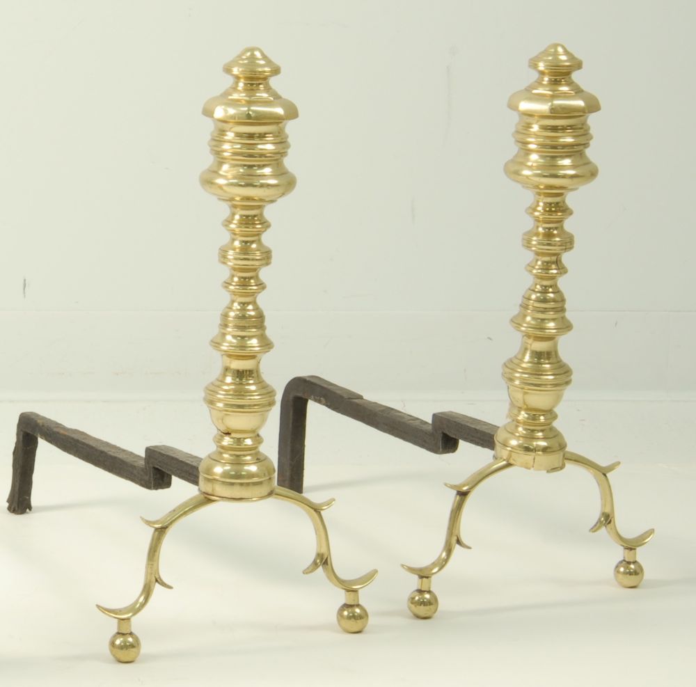 Appraisal: PAIR OF BRASS ANDIRONS Early th CenturyIn baluster form with