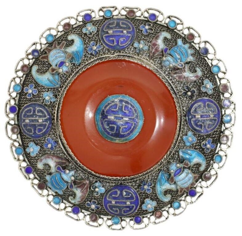 Appraisal: Estate Chinese silver content unknown filigree brooch central carnelian disc