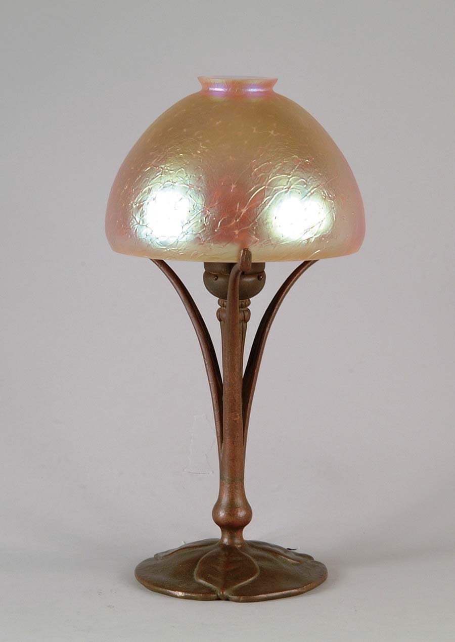 Appraisal: TIFFANY ART GLASS LAMP Nice boudoir lamp has contemporary Lundberg