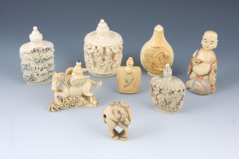 Appraisal: Seven Antique Ivory Snuff Bottles One Netsuke hand-carved ivory snuff