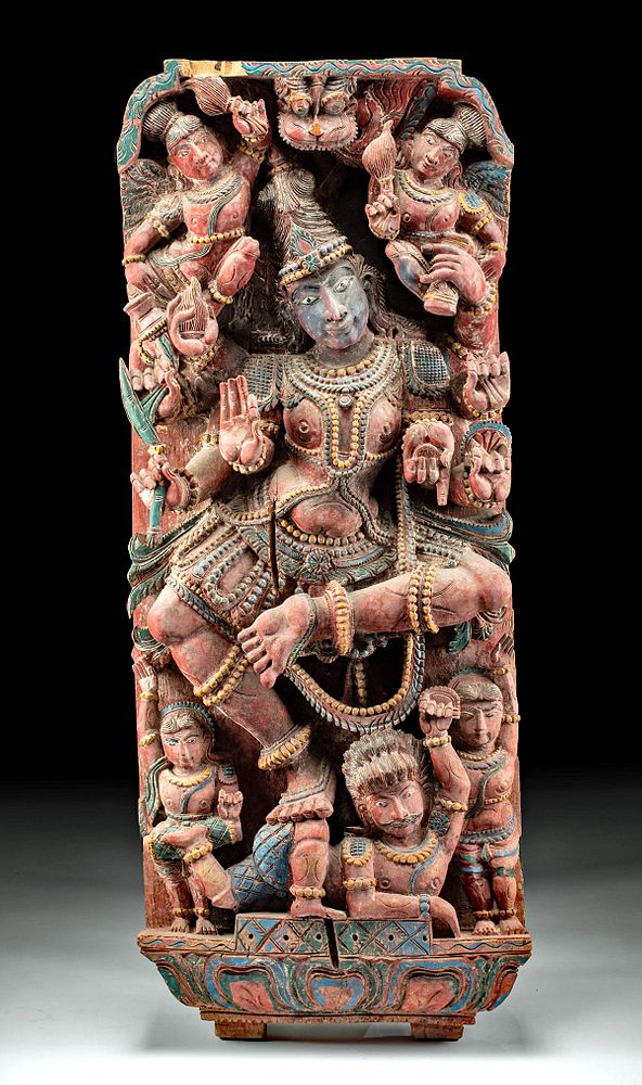 Appraisal: th C Indian Polychrome Wood Chariot Panel w Shiva Southeast