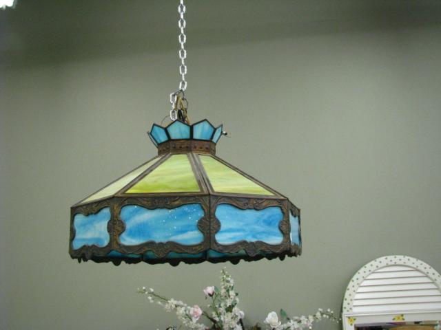 Appraisal: Mid th Century stained glass hanging lamp fixture with cast