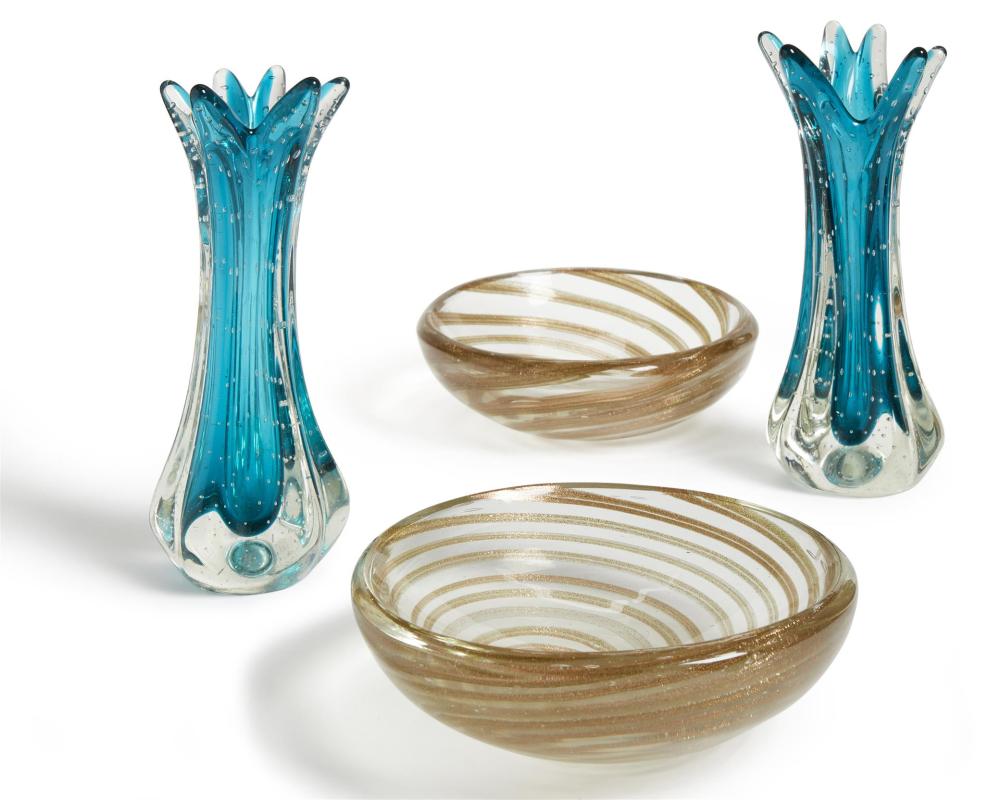 Appraisal: Four Murano glass items Third-quarter th Century Vases with paper