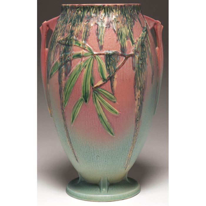 Appraisal: Roseville Moss vase large double handled shape in pink and