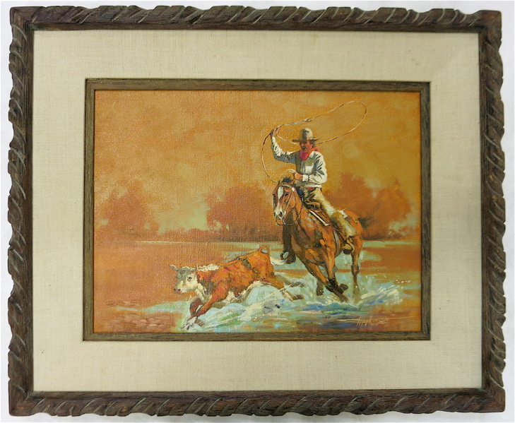 Appraisal: HAROLD HOPKINSON OIL ON CANVAS Wyoming - Calf roping Image