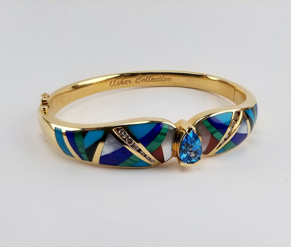 Appraisal: K Blue Topaz Diamond Multi-Stone Inlaid Bangle K Gold Blue