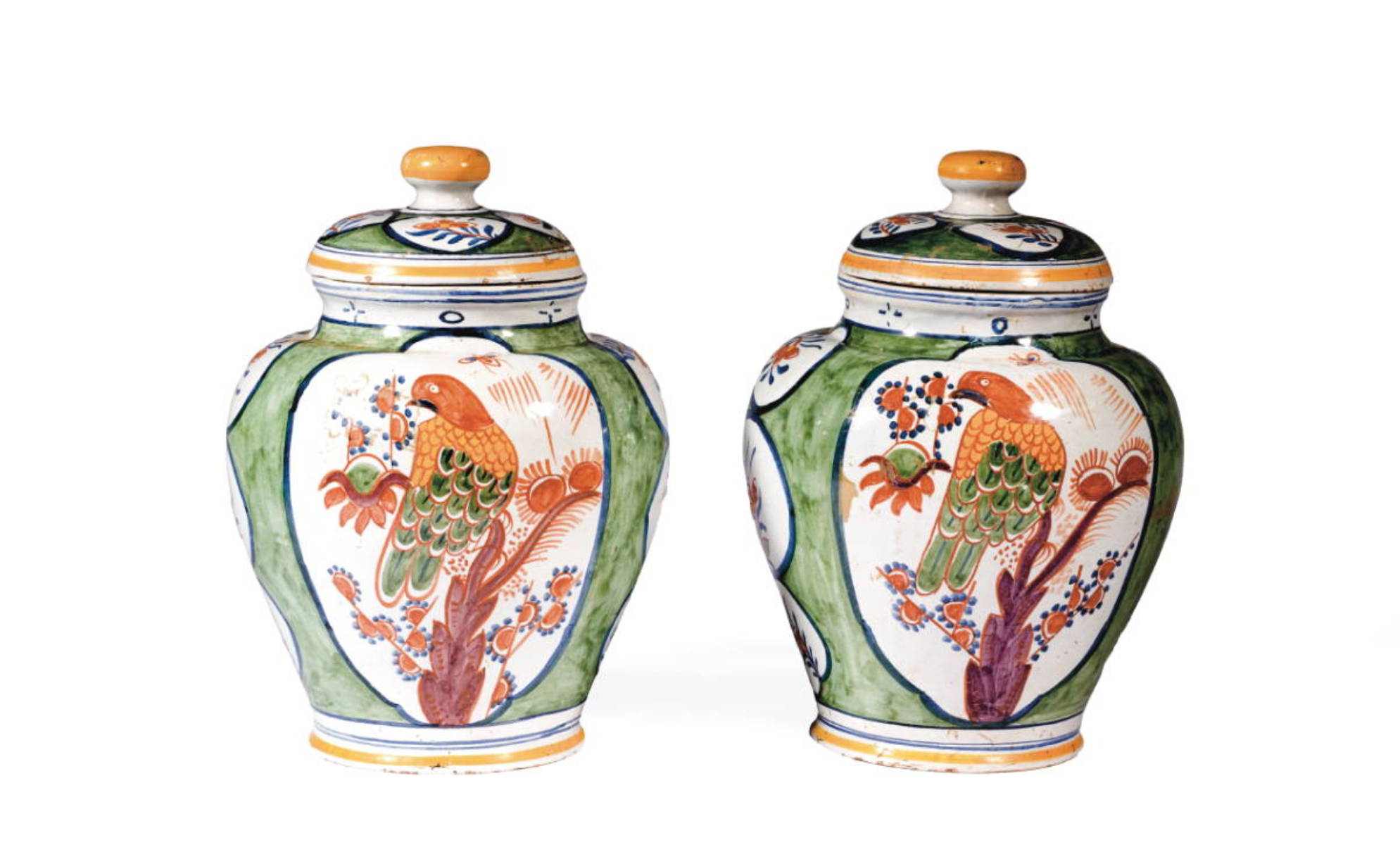 Appraisal: PAIR OF DUTCH DELFT POLYCHROME JARS AND COVERS MID-EIGHTEENTH CENTURY