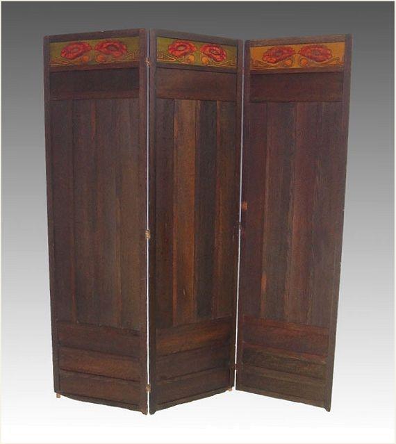 Appraisal: ARTS CRAFTS MISSION PANEL OAK SCREEN With carved poppy frieze