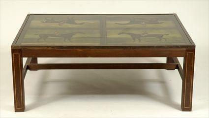 Appraisal: Brass-Inlaid Mahogany Low Table Decorated with th-Century English Equestrian Prints