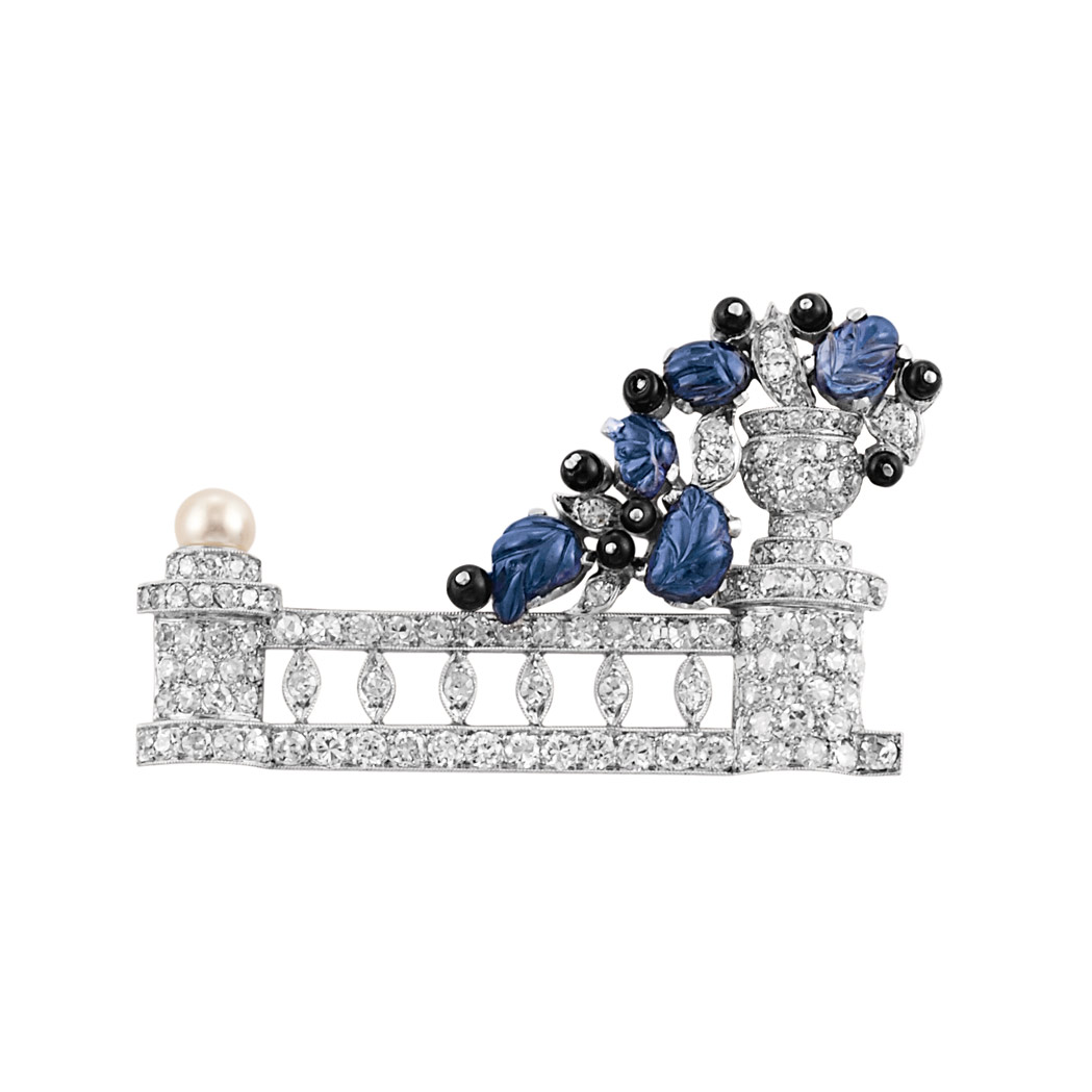 Appraisal: Art Deco Platinum Diamond Carved Sapphire Black Onyx and Pearl