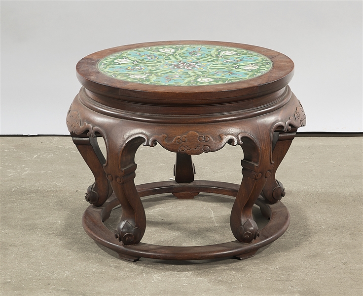 Appraisal: Chinese cloisonne inlaid carved wood stool carved bat embellishment with