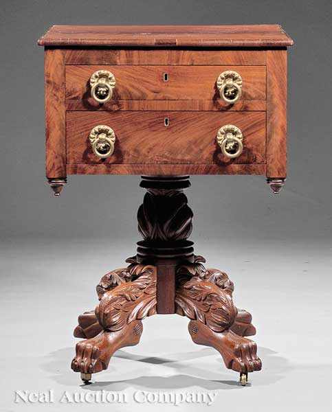 Appraisal: An American Classical Carved Mahogany Work Table c two drawers